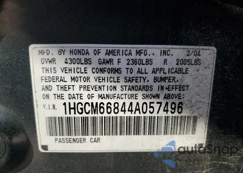 2004 Honda Accord Ex z USA, uszkodzony, nr VIN 1HGCM66844A057496